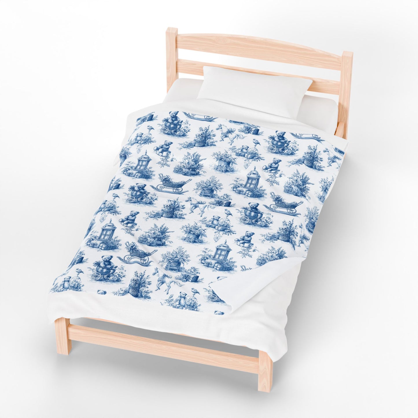Teddy Bear, Pram, and Horse Baby Nursery Toile de Jouy Velveteen Plush Throw Blanket