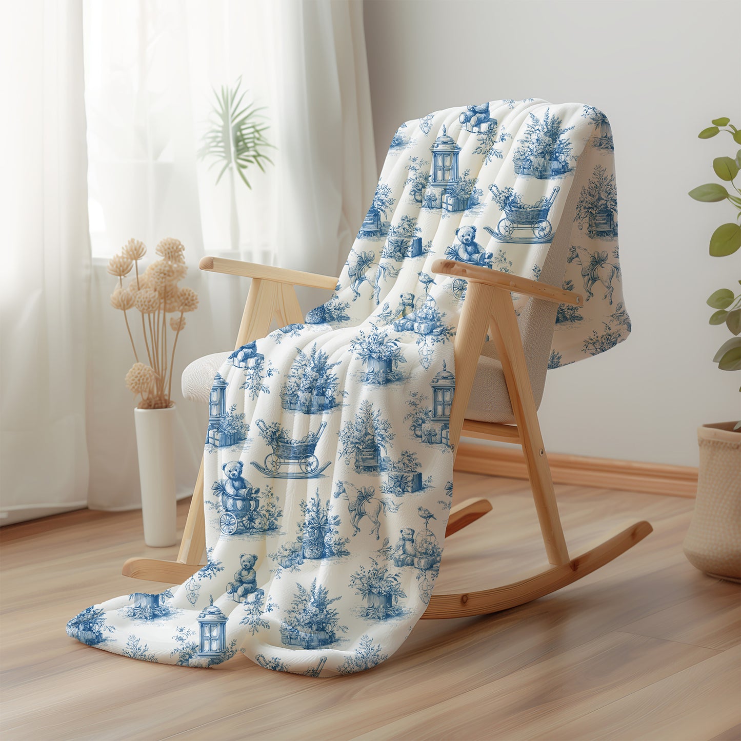 Teddy Bear, Pram, and Horse Baby Nursery Toile de Jouy Velveteen Plush Throw Blanket