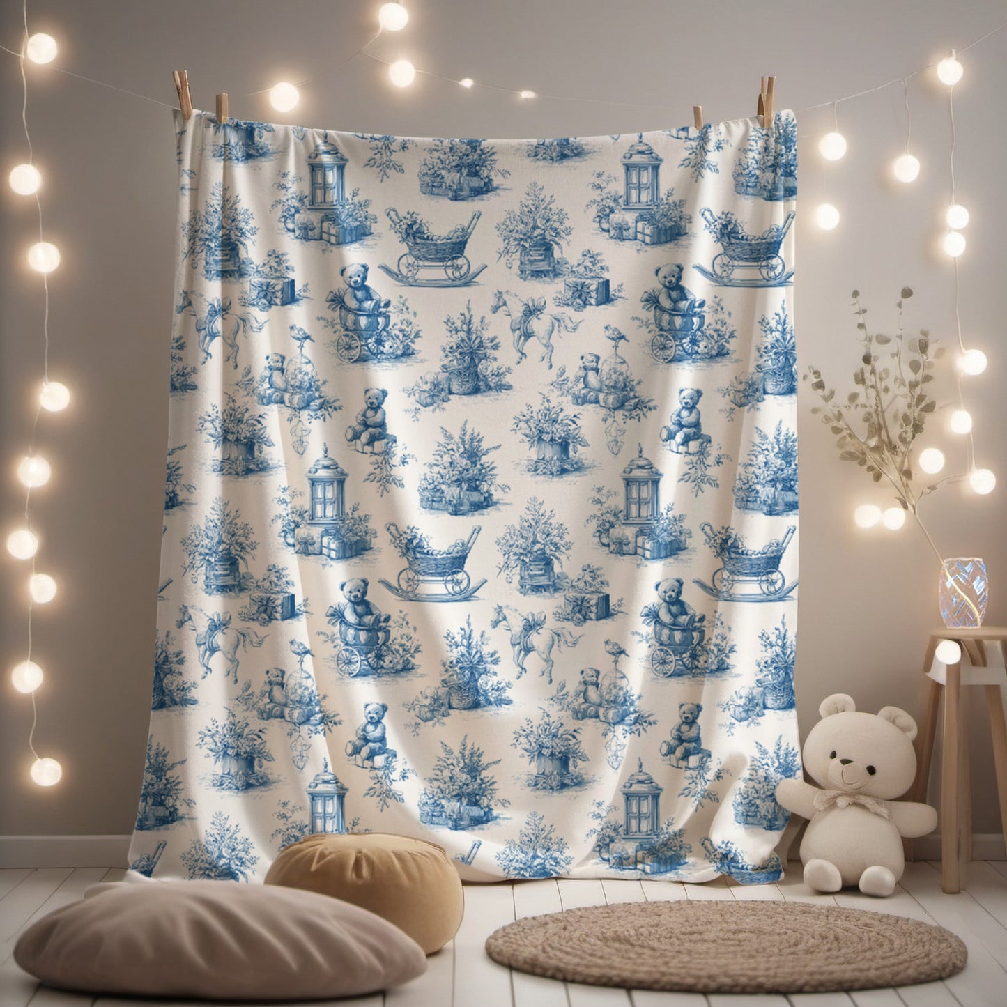 Teddy Bear, Pram, and Horse Baby Nursery Toile de Jouy Velveteen Plush Throw Blanket