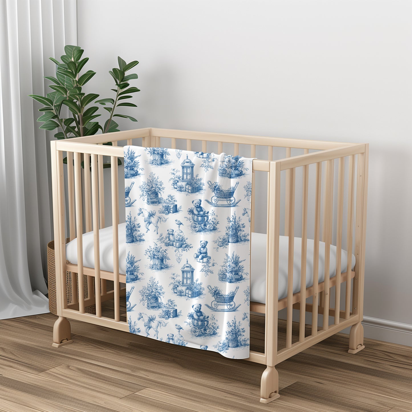 Teddy Bear, Pram, and Horse Baby Nursery Toile de Jouy Velveteen Plush Throw Blanket