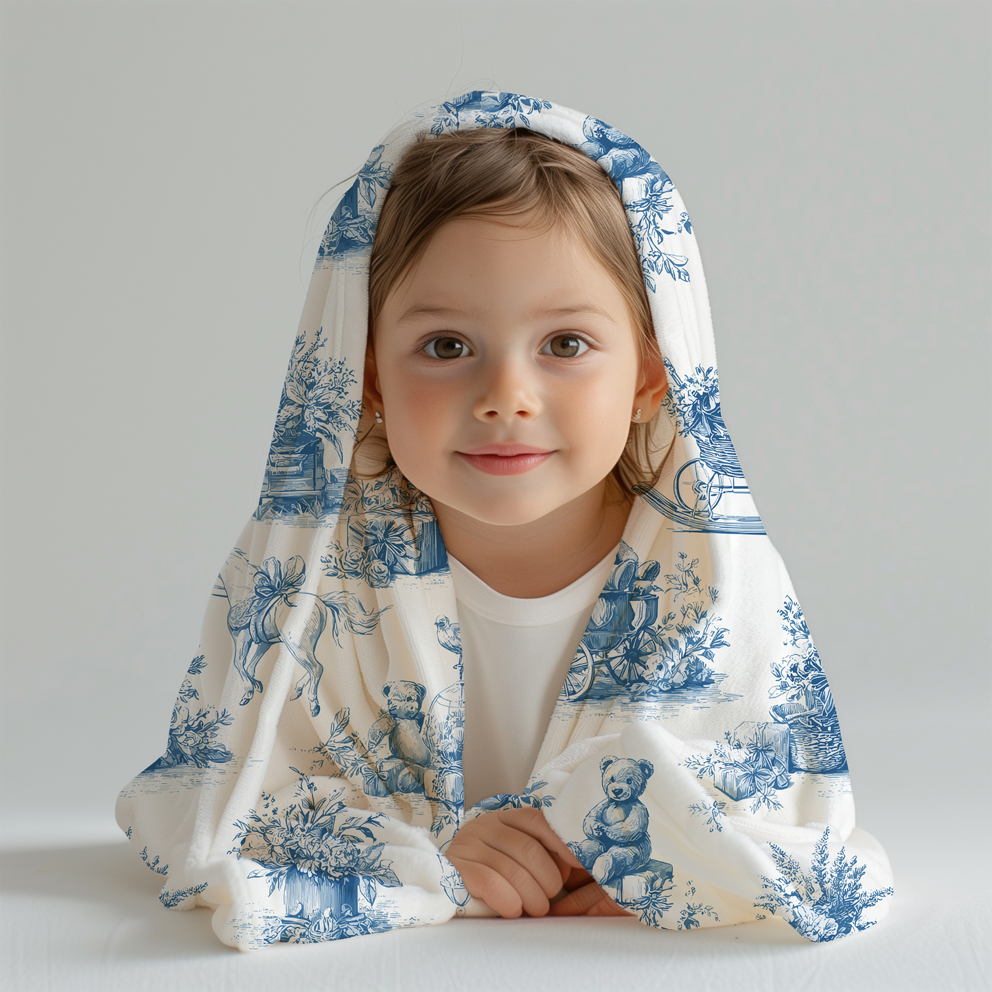 Teddy Bear, Pram, and Horse Baby Nursery Toile de Jouy Velveteen Plush Throw Blanket