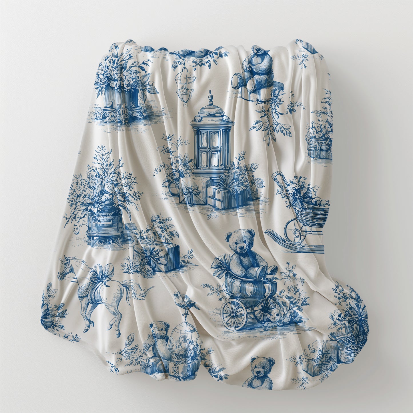 Teddy Bear, Pram, and Horse Baby Nursery Toile de Jouy Velveteen Plush Throw Blanket