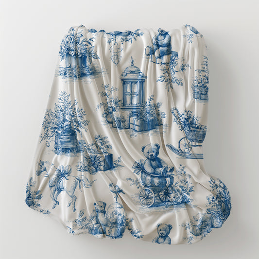 Teddy Bear, Pram, and Horse Baby Nursery Toile de Jouy Velveteen Plush Throw Blanket