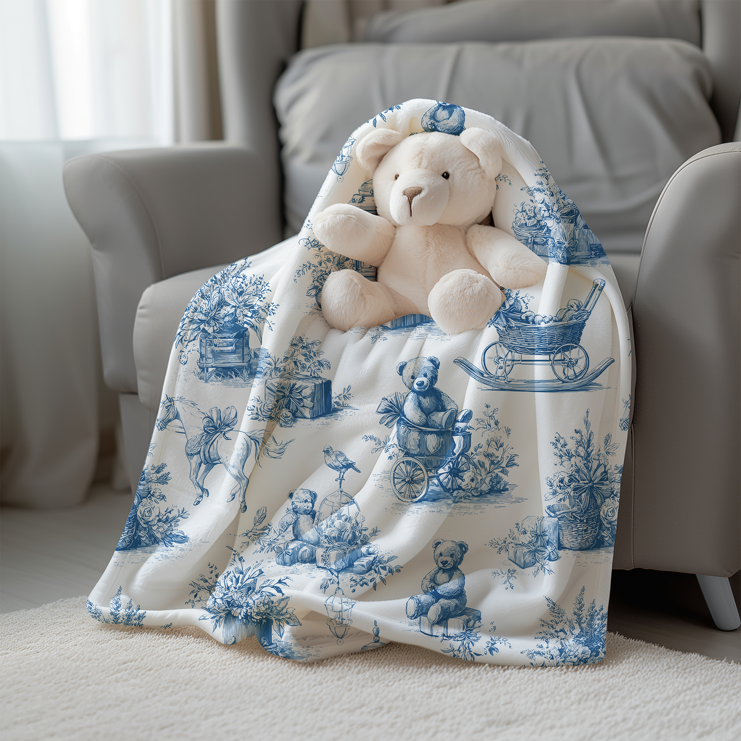 Teddy Bear, Pram, and Horse Baby Nursery Toile de Jouy Velveteen Plush Throw Blanket