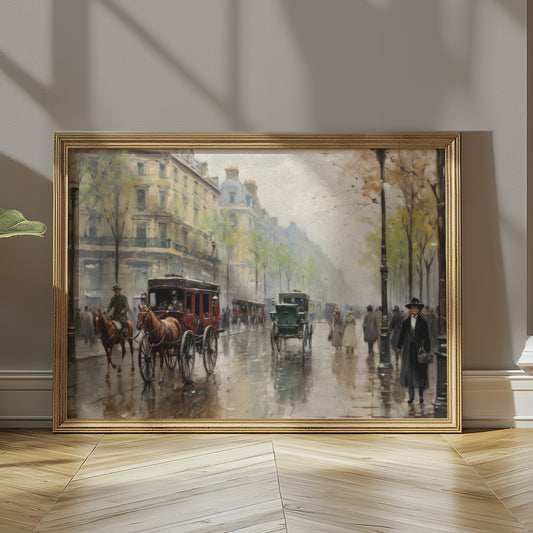 Horse and Carriages on City Streets Matte Horizontal Poster Art Print