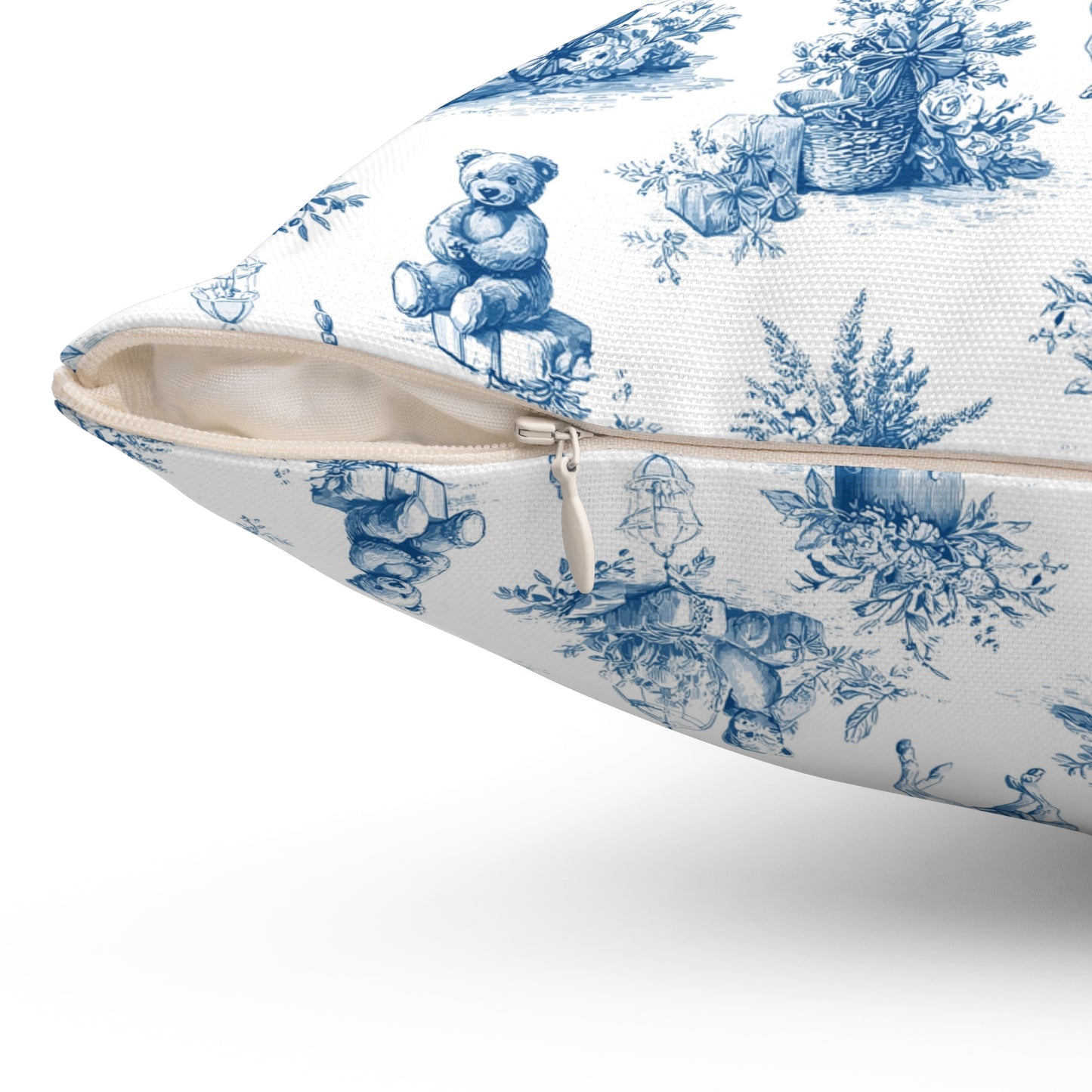 Baby Nursery Blue Toile Bear, Horse and Pram Square Throw Pillow
