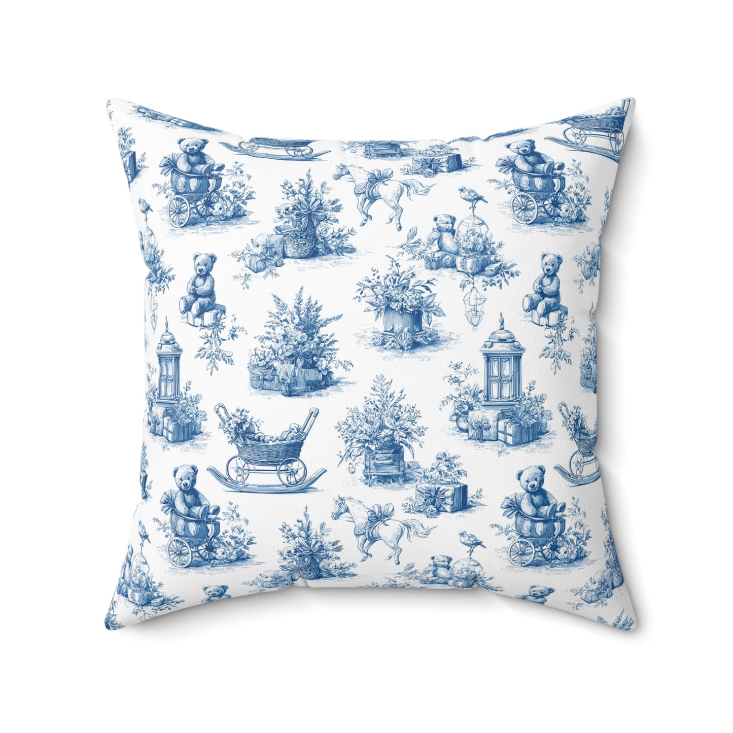 Baby Nursery Blue Toile Bear, Horse and Pram Square Throw Pillow