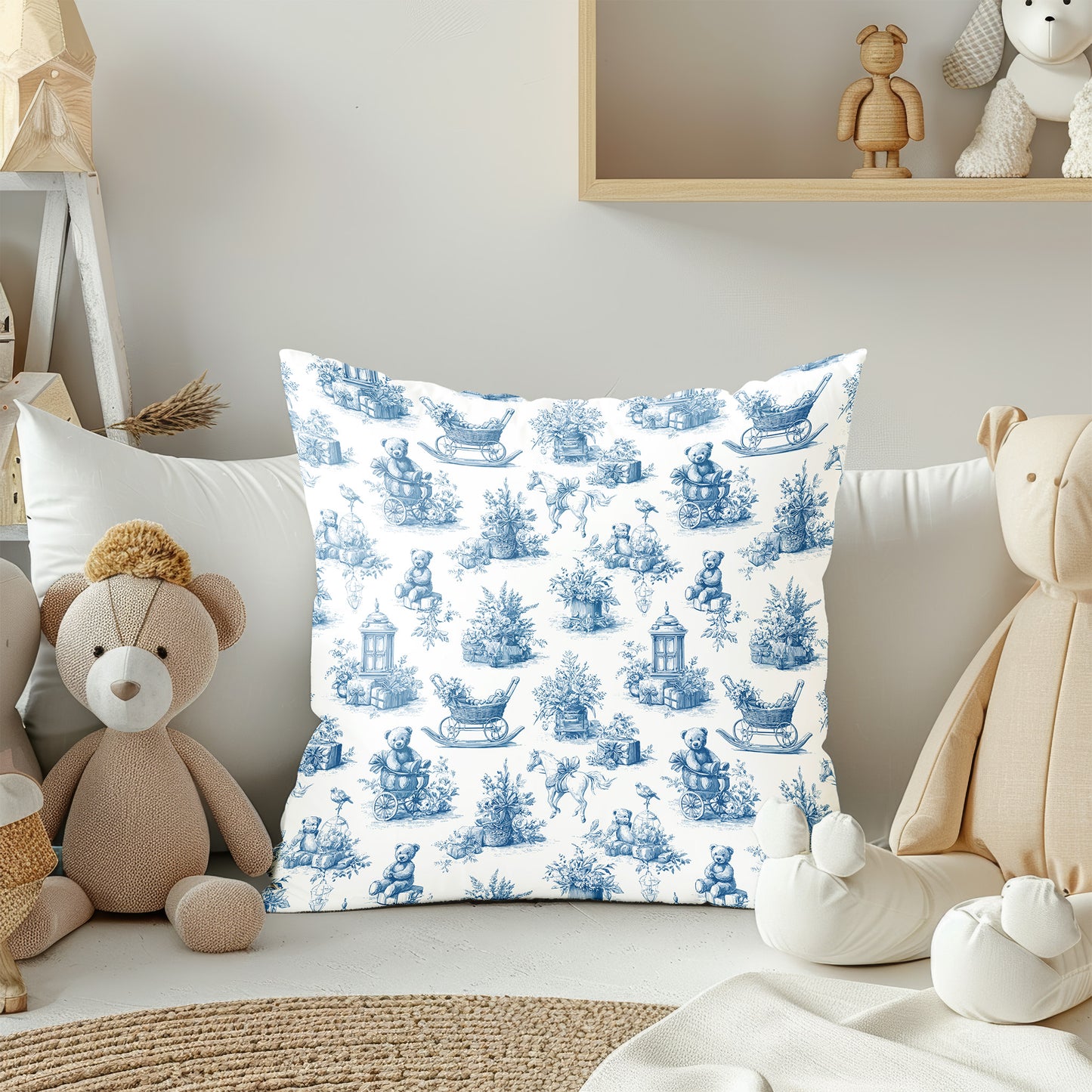 Baby Nursery Blue Toile Bear, Horse and Pram Square Throw Pillow