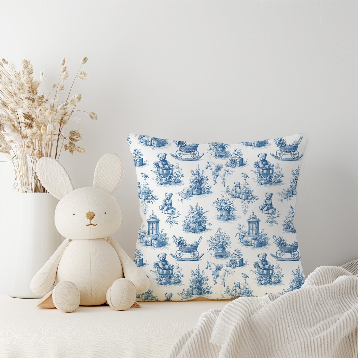 Baby Nursery Blue Toile Bear, Horse and Pram Square Throw Pillow