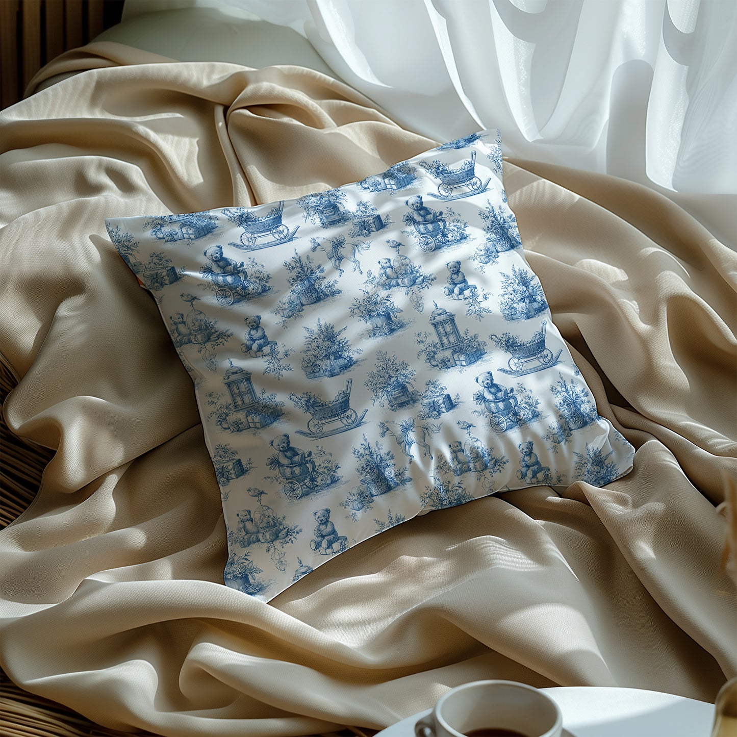 Baby Nursery Blue Toile Bear, Horse and Pram Square Throw Pillow