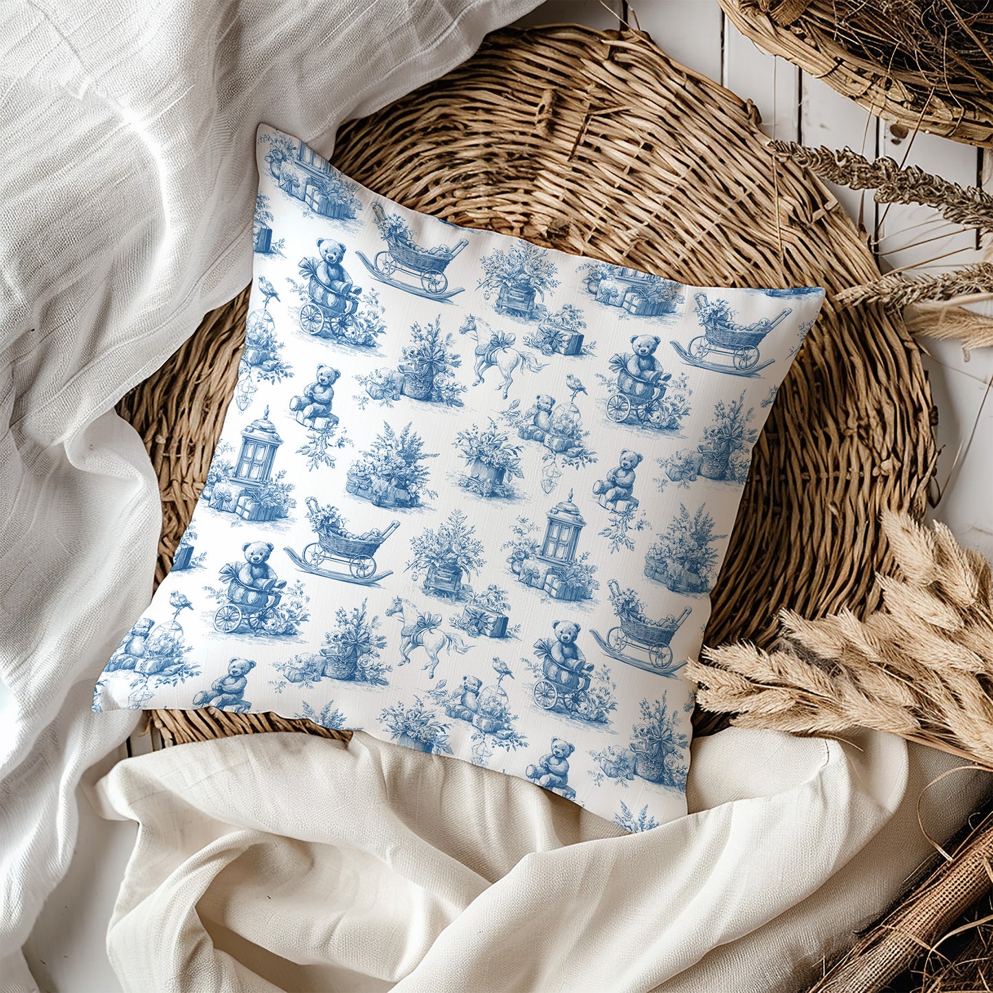 Baby Nursery Blue Toile Bear, Horse and Pram Square Throw Pillow