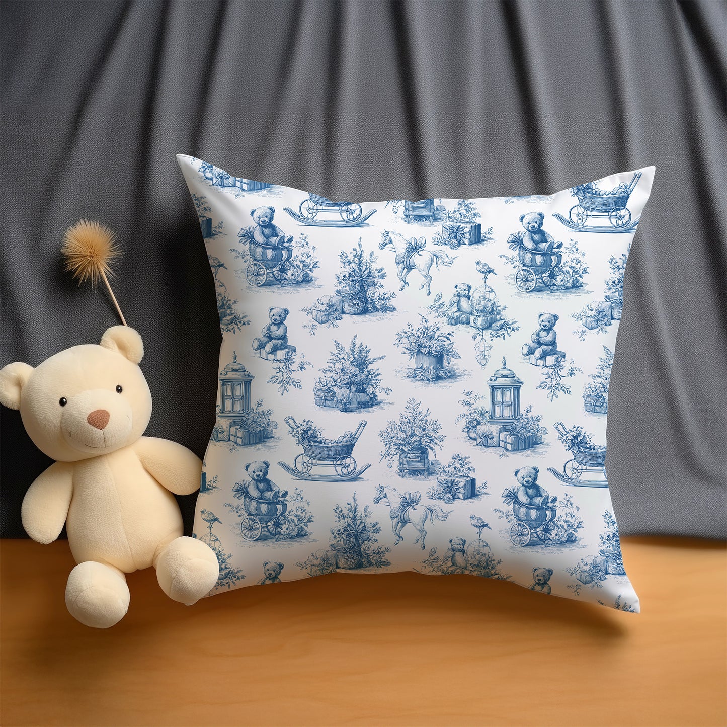 Baby Nursery Blue Toile Bear, Horse and Pram Square Throw Pillow