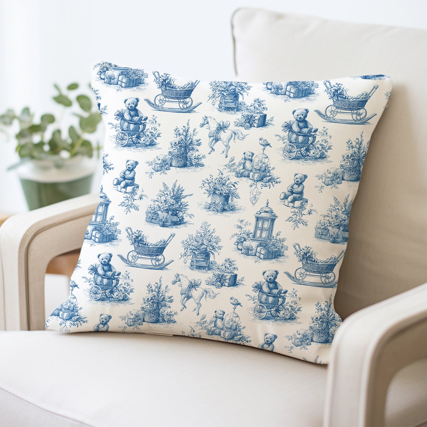 Baby Nursery Blue Toile Bear, Horse and Pram Square Throw Pillow