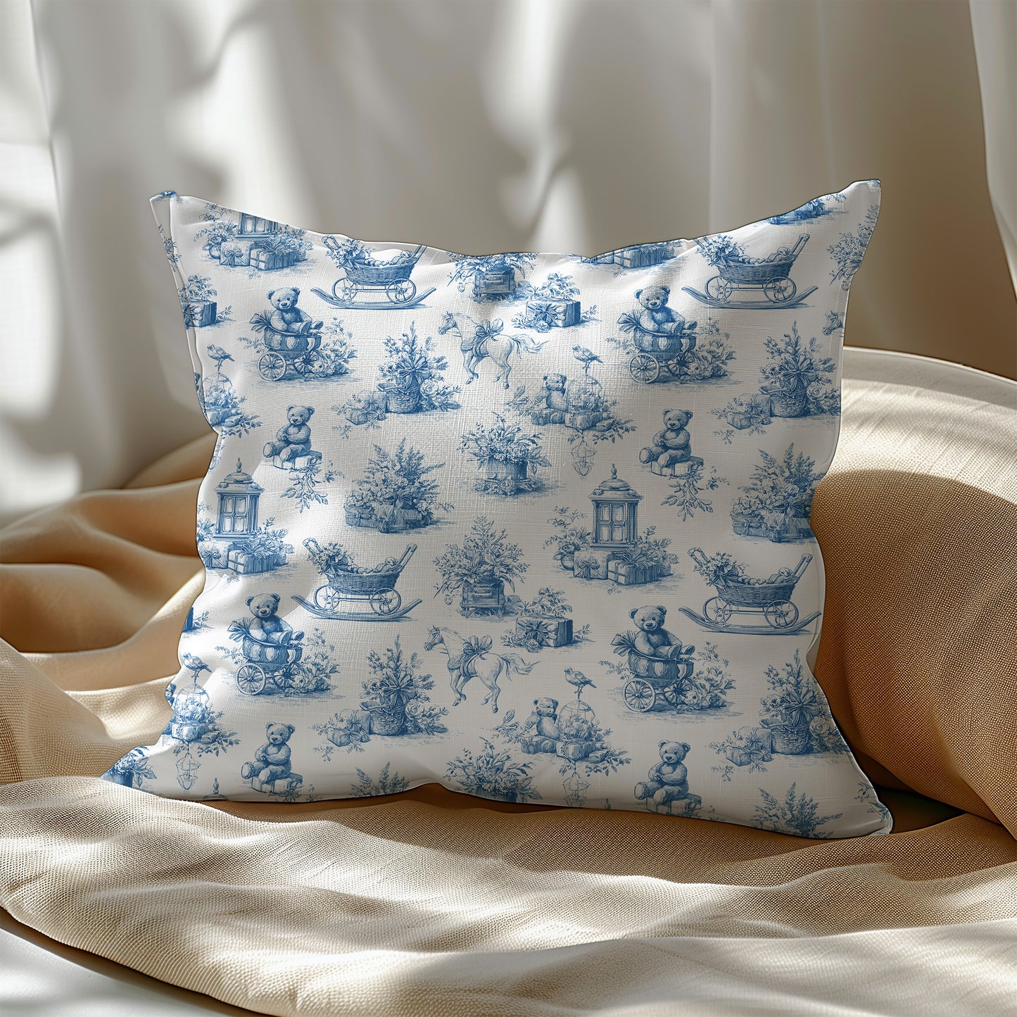 Baby Nursery Blue Toile Bear, Horse and Pram Square Throw Pillow