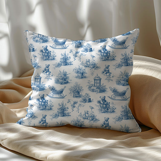Baby Nursery Blue Toile Bear, Horse and Pram Square Throw Pillow