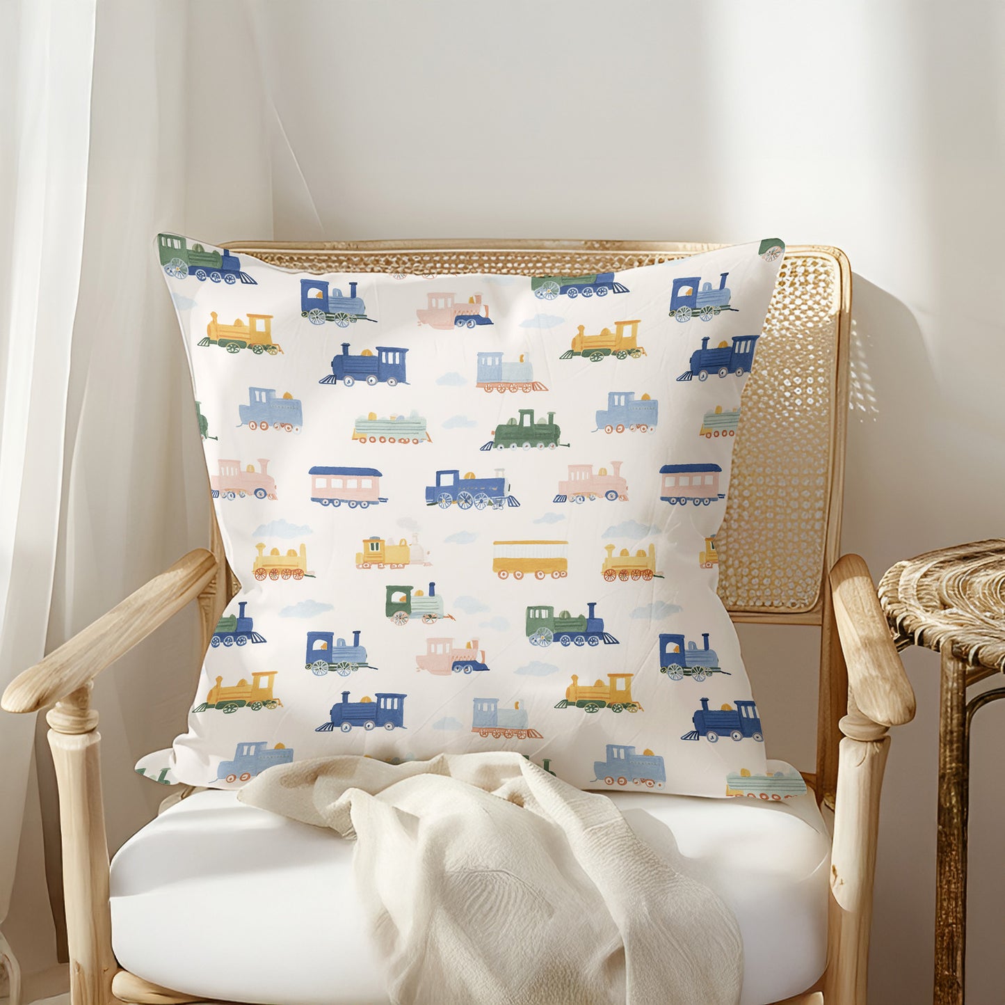 Whimsical Pastel Train Cars Square Throw Pillow