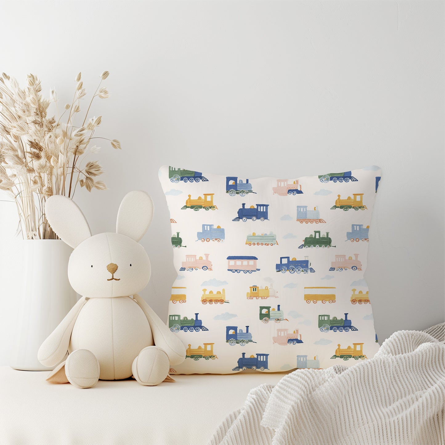 Whimsical Pastel Train Cars Square Throw Pillow
