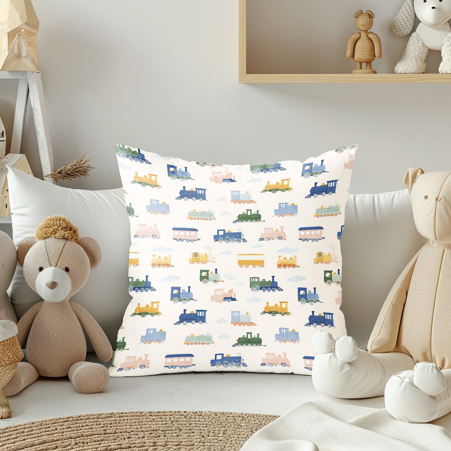 Whimsical Pastel Train Cars Square Throw Pillow