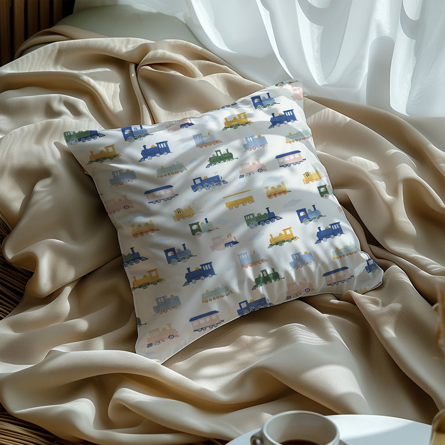 Whimsical Pastel Train Cars Square Throw Pillow