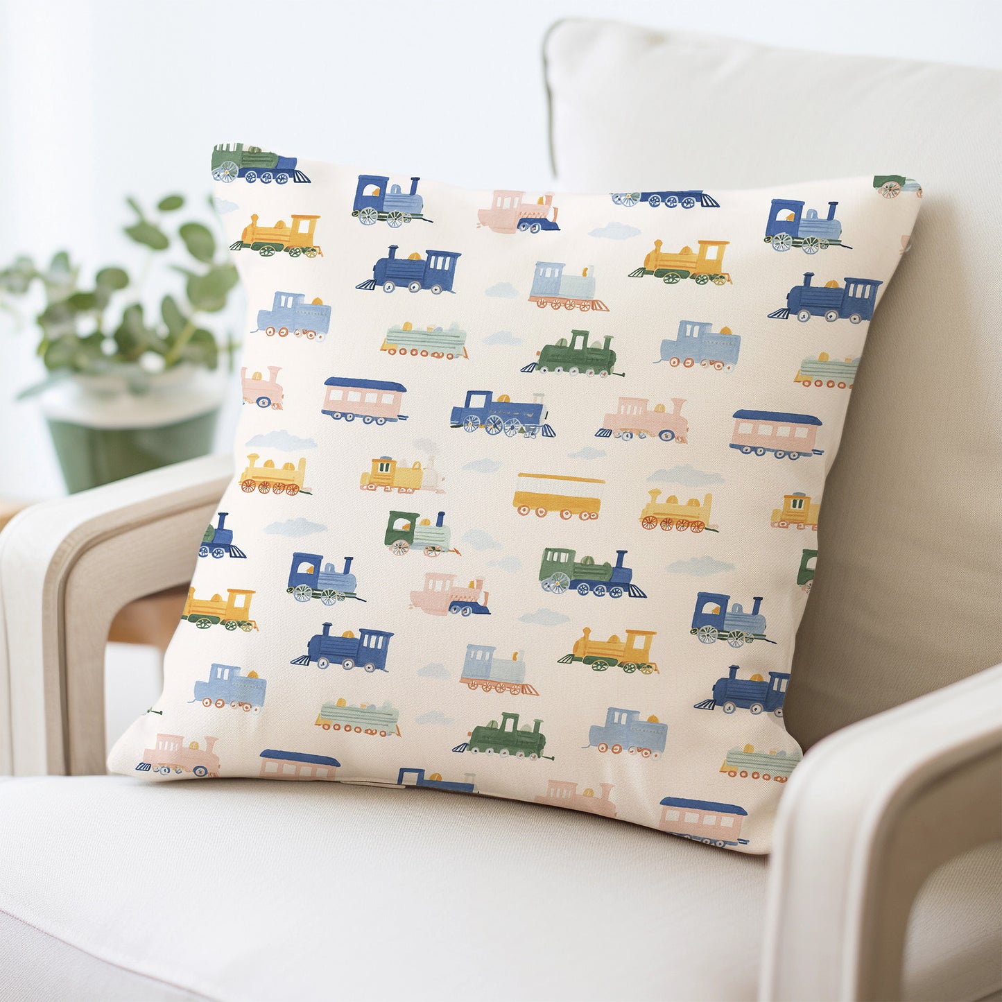 Whimsical Pastel Train Cars Square Throw Pillow