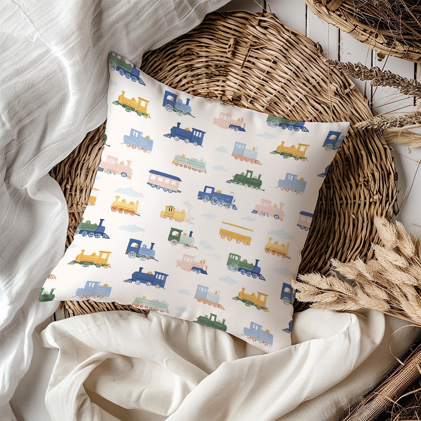 Whimsical Pastel Train Cars Square Throw Pillow