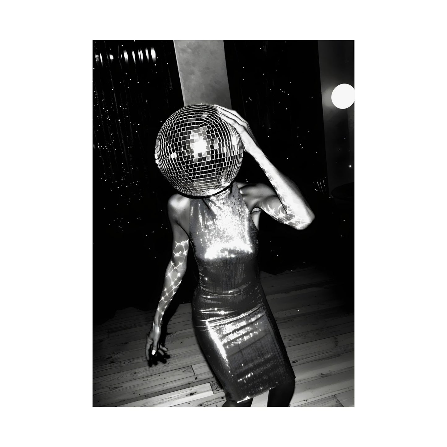 Festive Dancing Disco Ball Head Lady Matte Vertical Poster Art Print