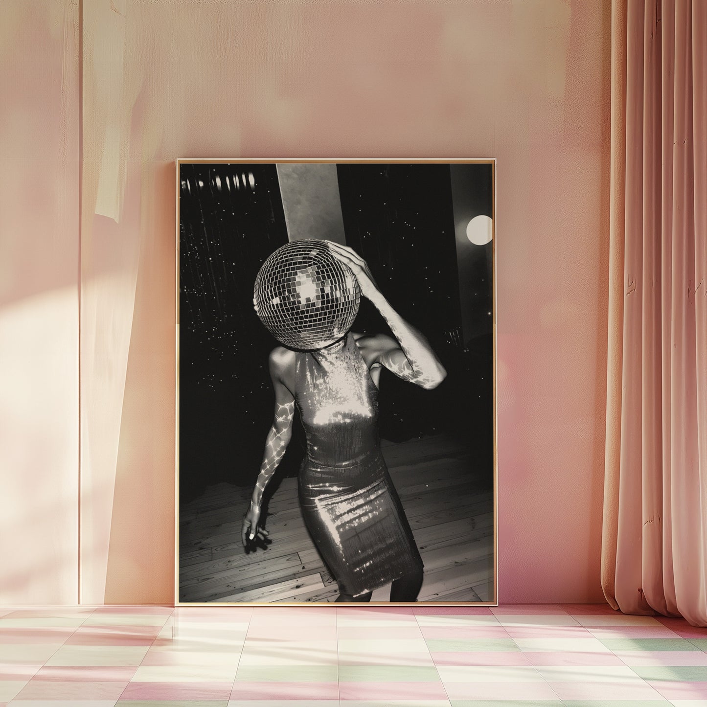 Festive Dancing Disco Ball Head Lady Matte Vertical Poster Art Print