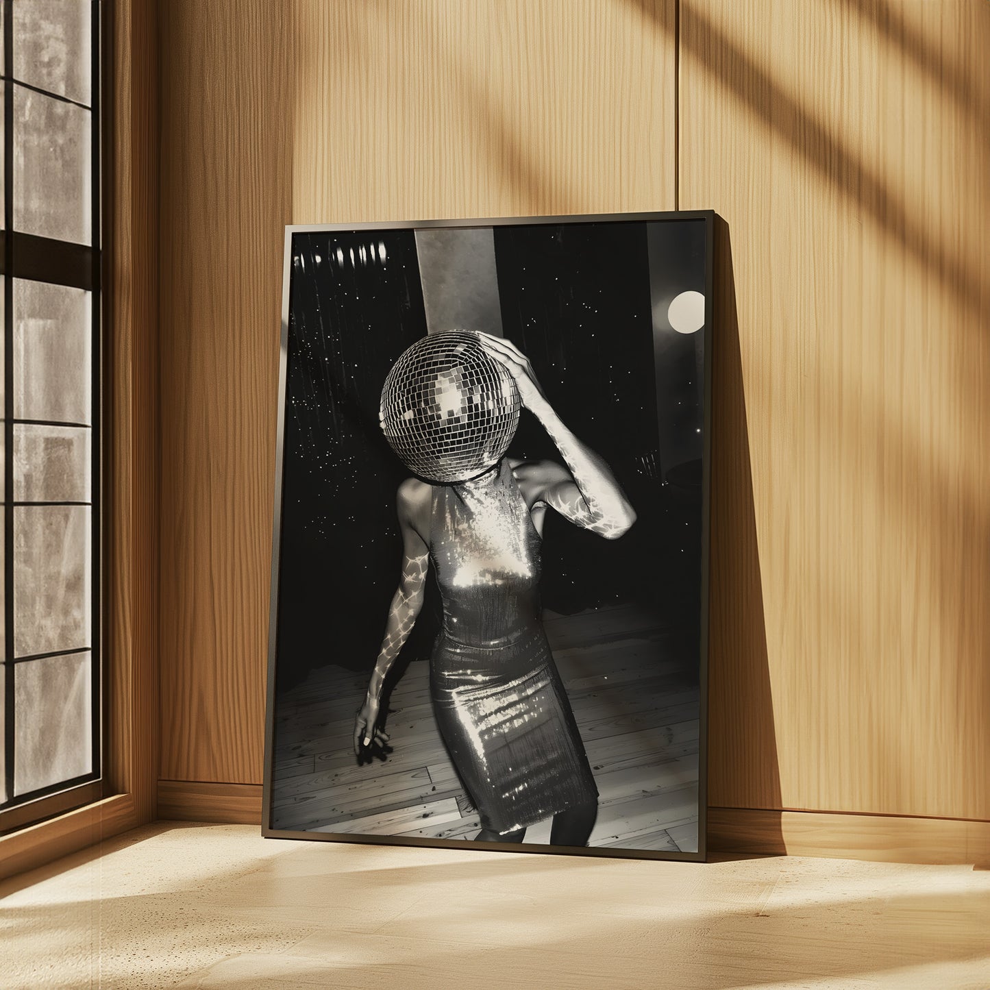 Festive Dancing Disco Ball Head Lady Matte Vertical Poster Art Print