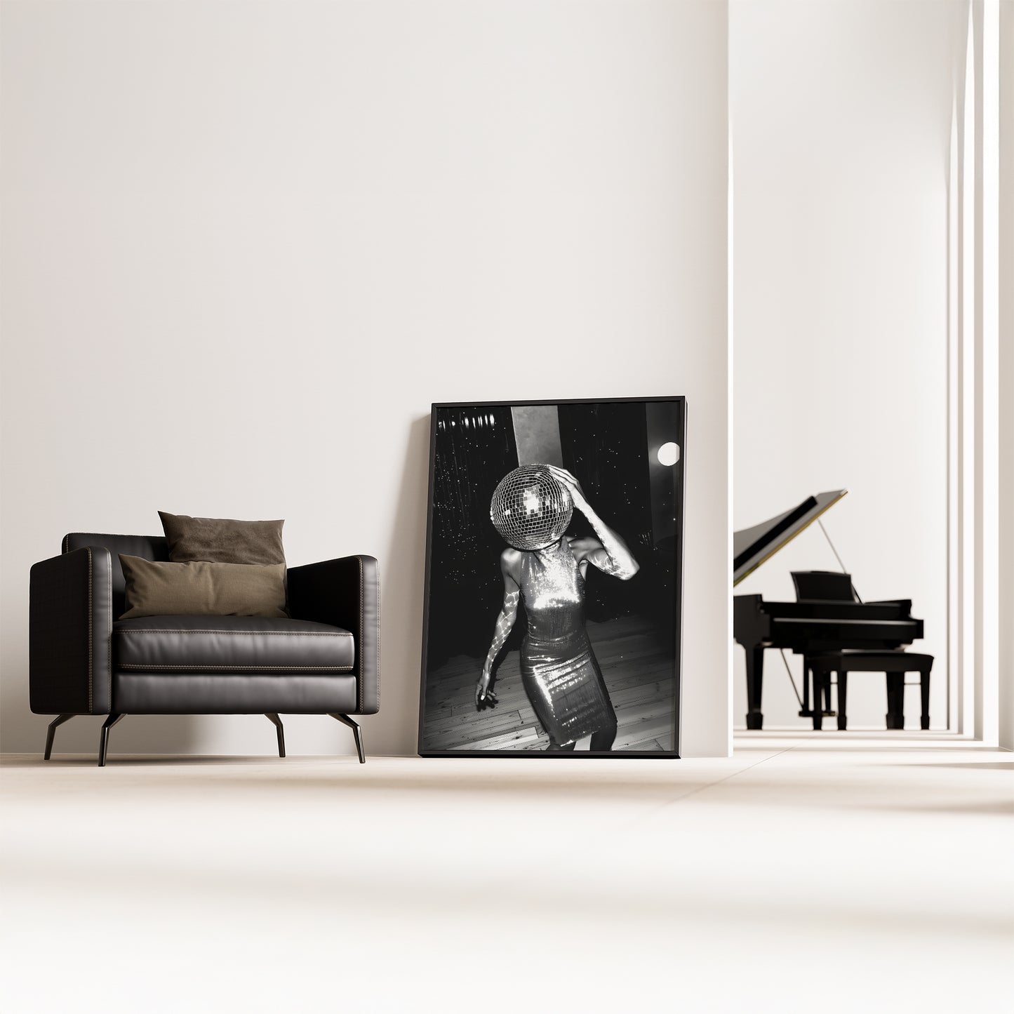 Festive Dancing Disco Ball Head Lady Matte Vertical Poster Art Print