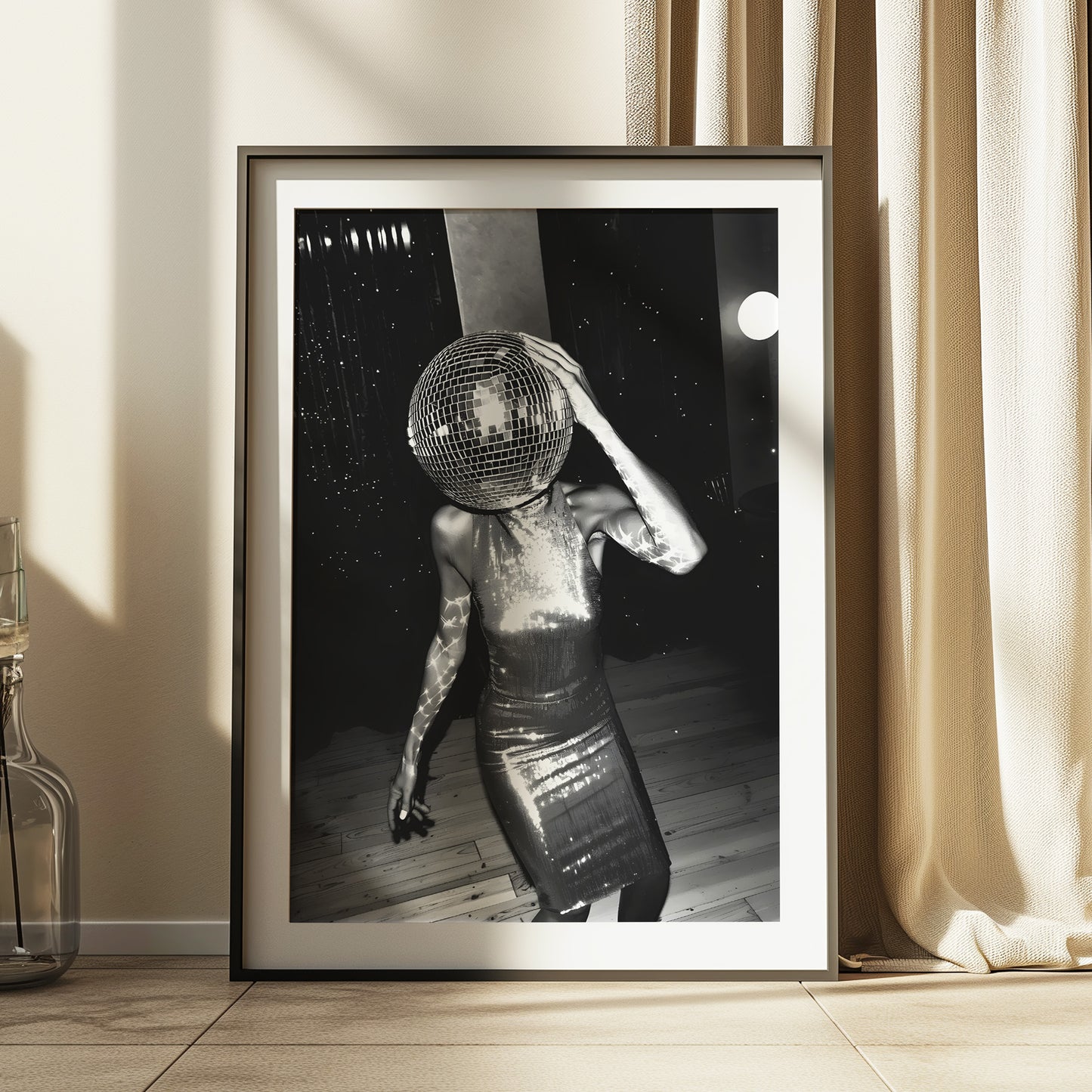 Festive Dancing Disco Ball Head Lady Matte Vertical Poster Art Print