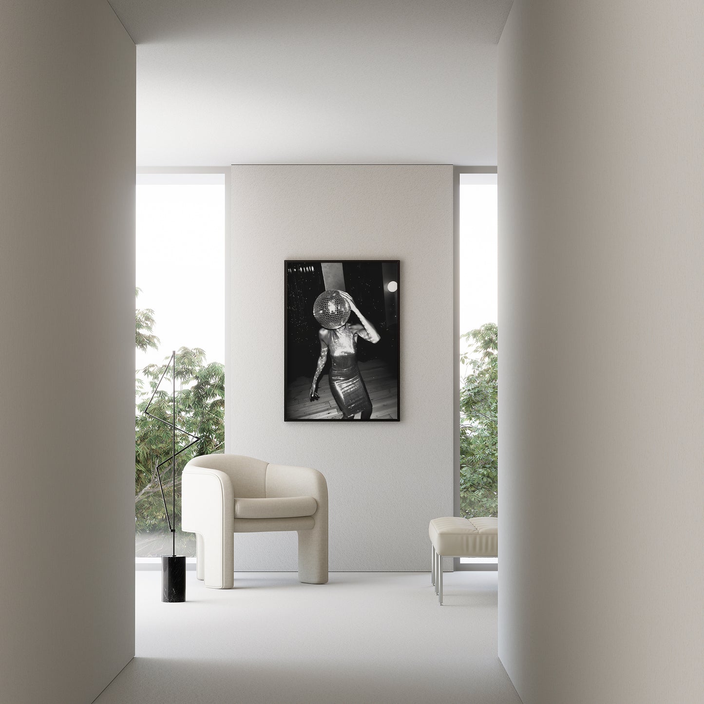 Festive Dancing Disco Ball Head Lady Matte Vertical Poster Art Print