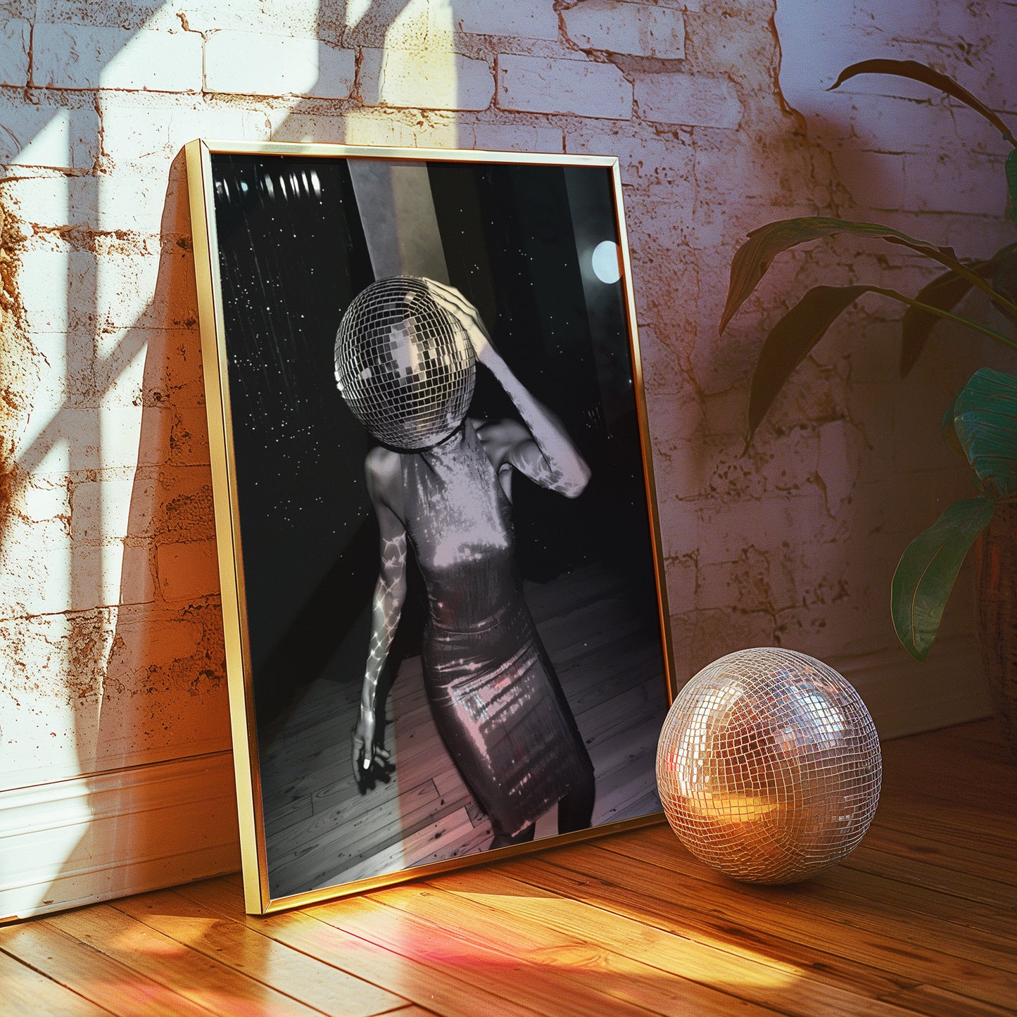 Festive Dancing Disco Ball Head Lady Matte Vertical Poster Art Print
