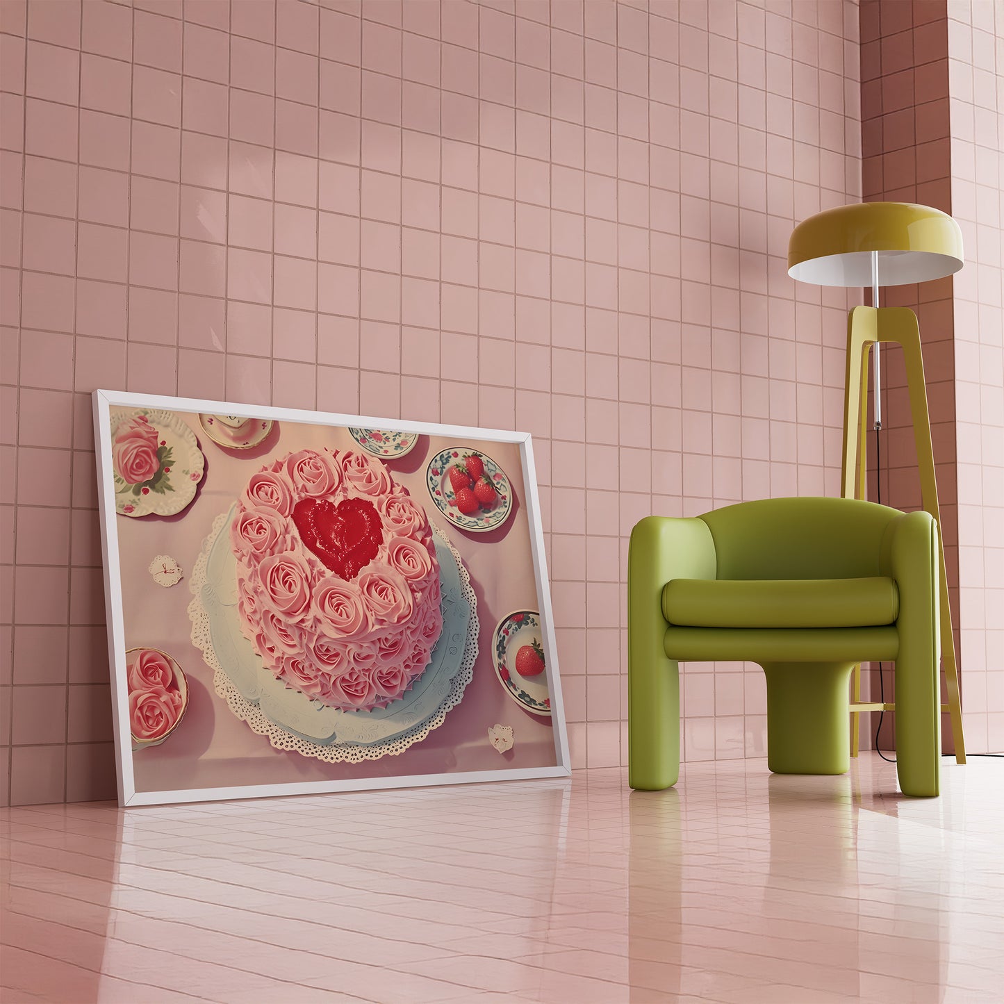 Vintage Heart Cake with Frosting and Berries Matte Horizontal Poster Art Print