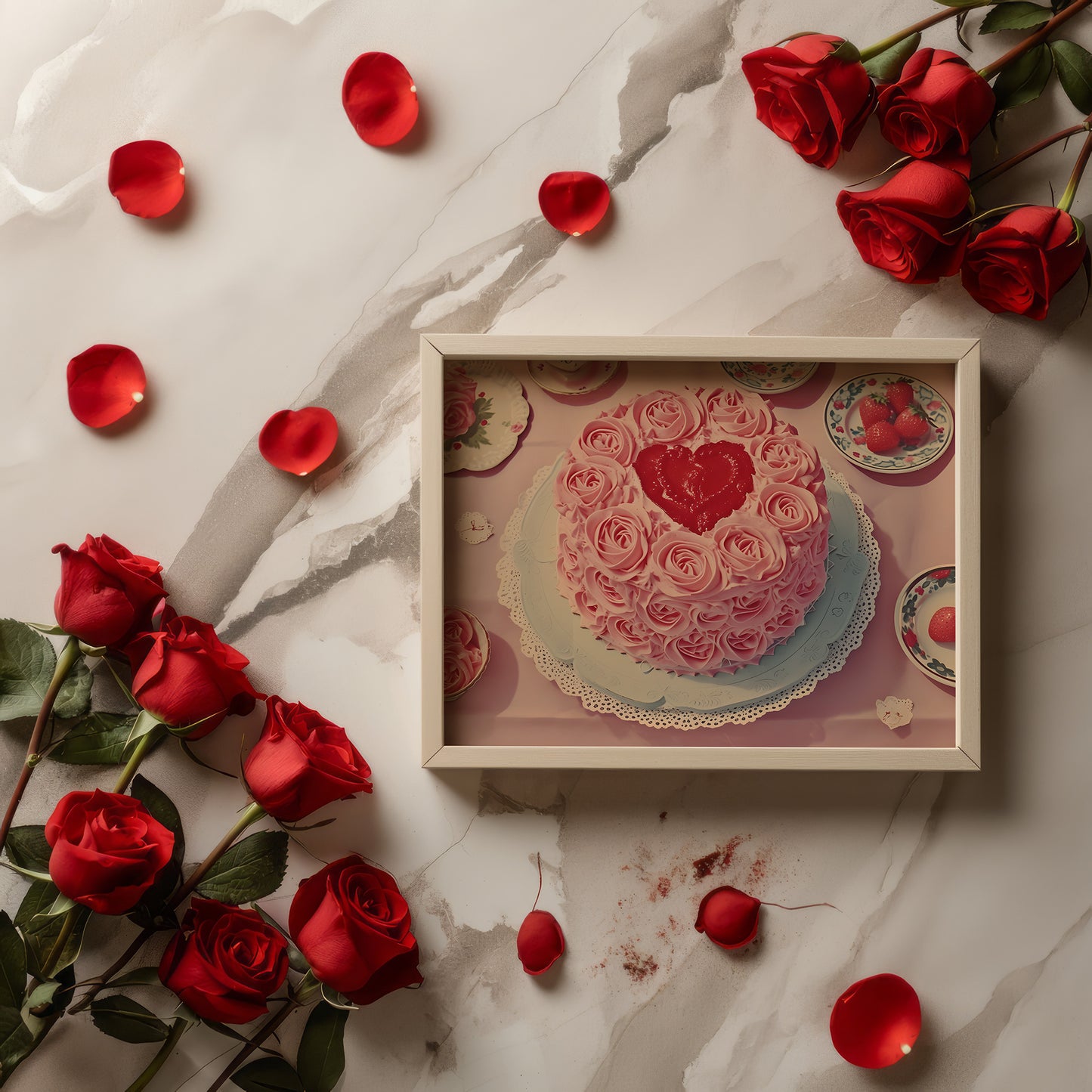 Vintage Heart Cake with Frosting and Berries Matte Horizontal Poster Art Print