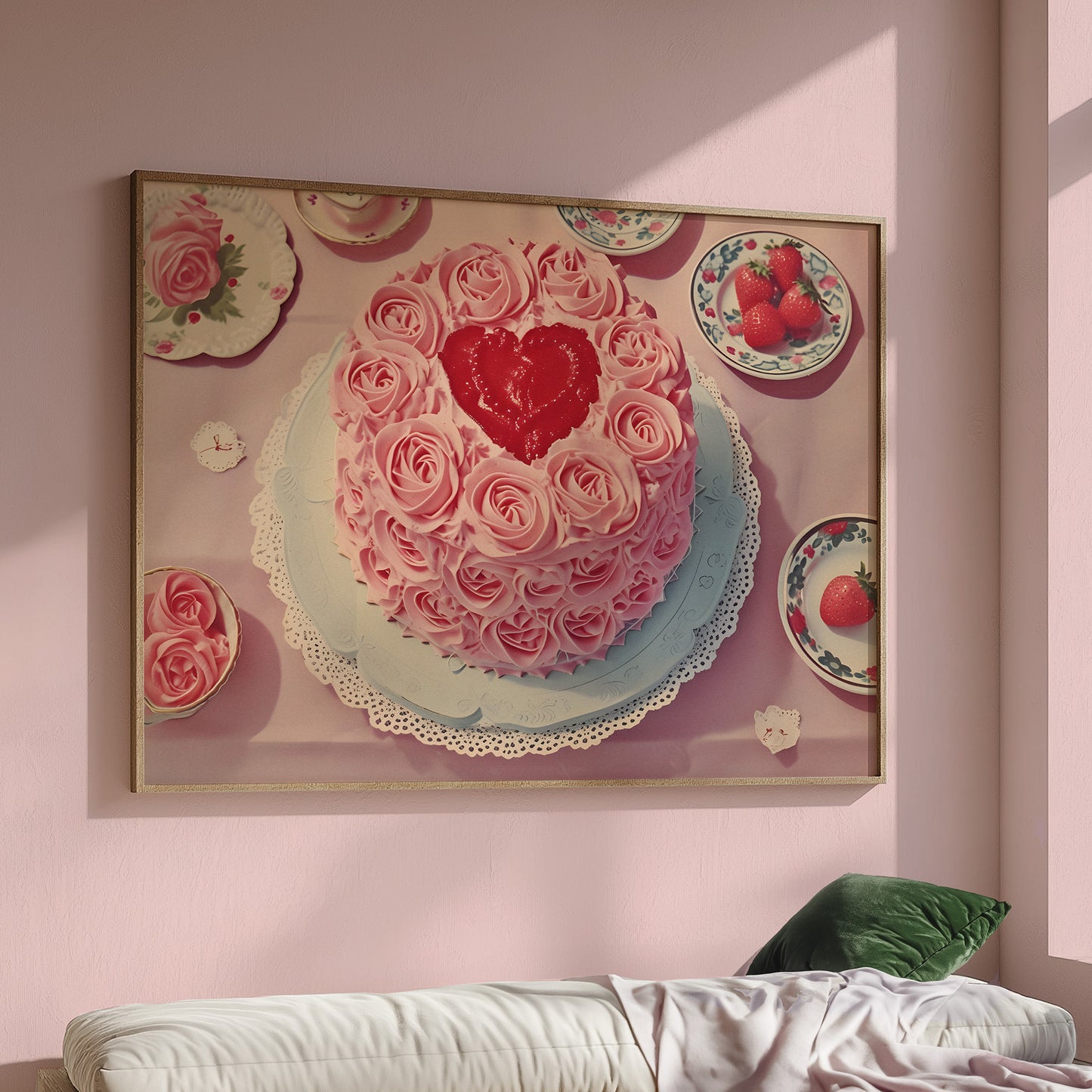 Vintage Heart Cake with Frosting and Berries Matte Horizontal Poster Art Print