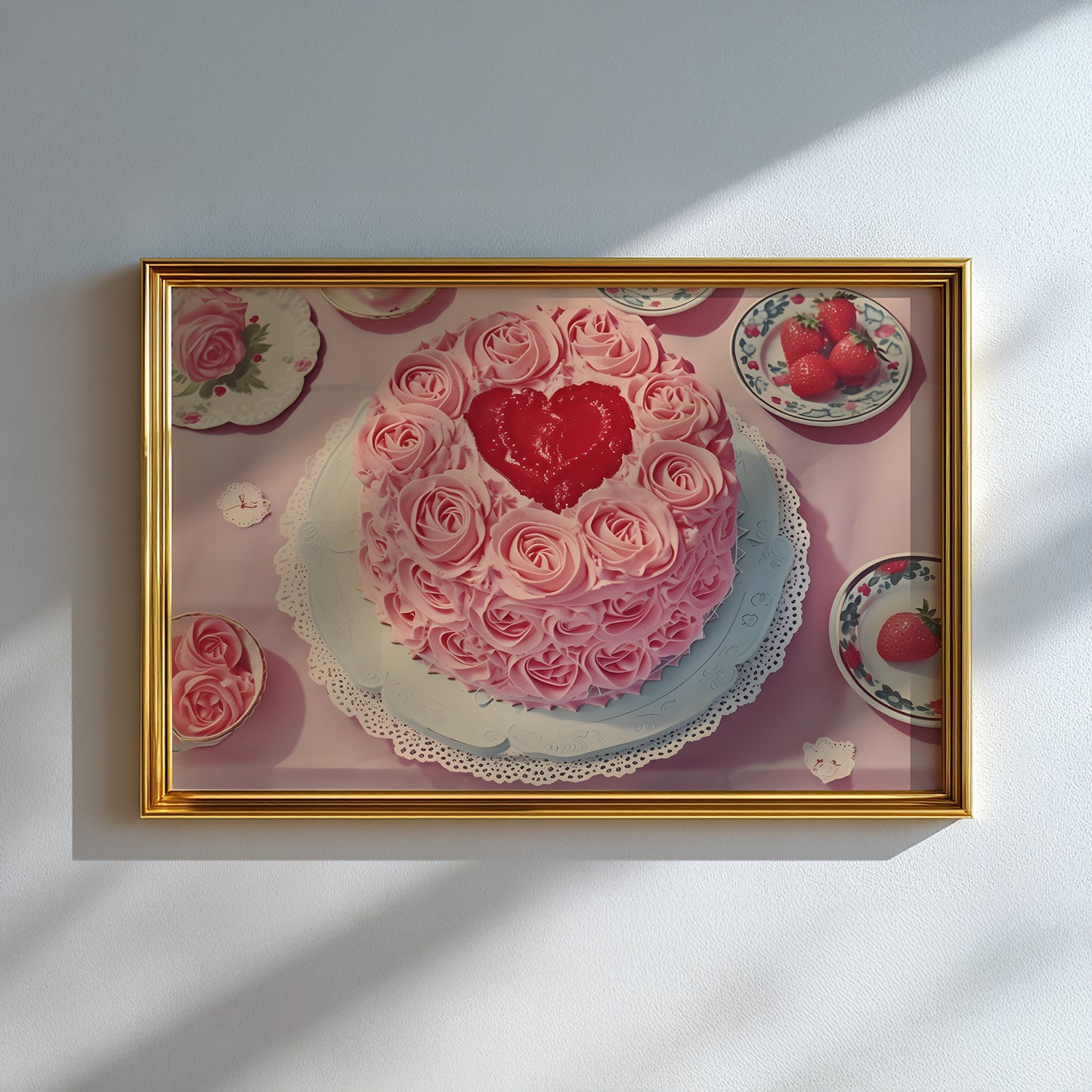 Vintage Heart Cake with Frosting and Berries Matte Horizontal Poster Art Print