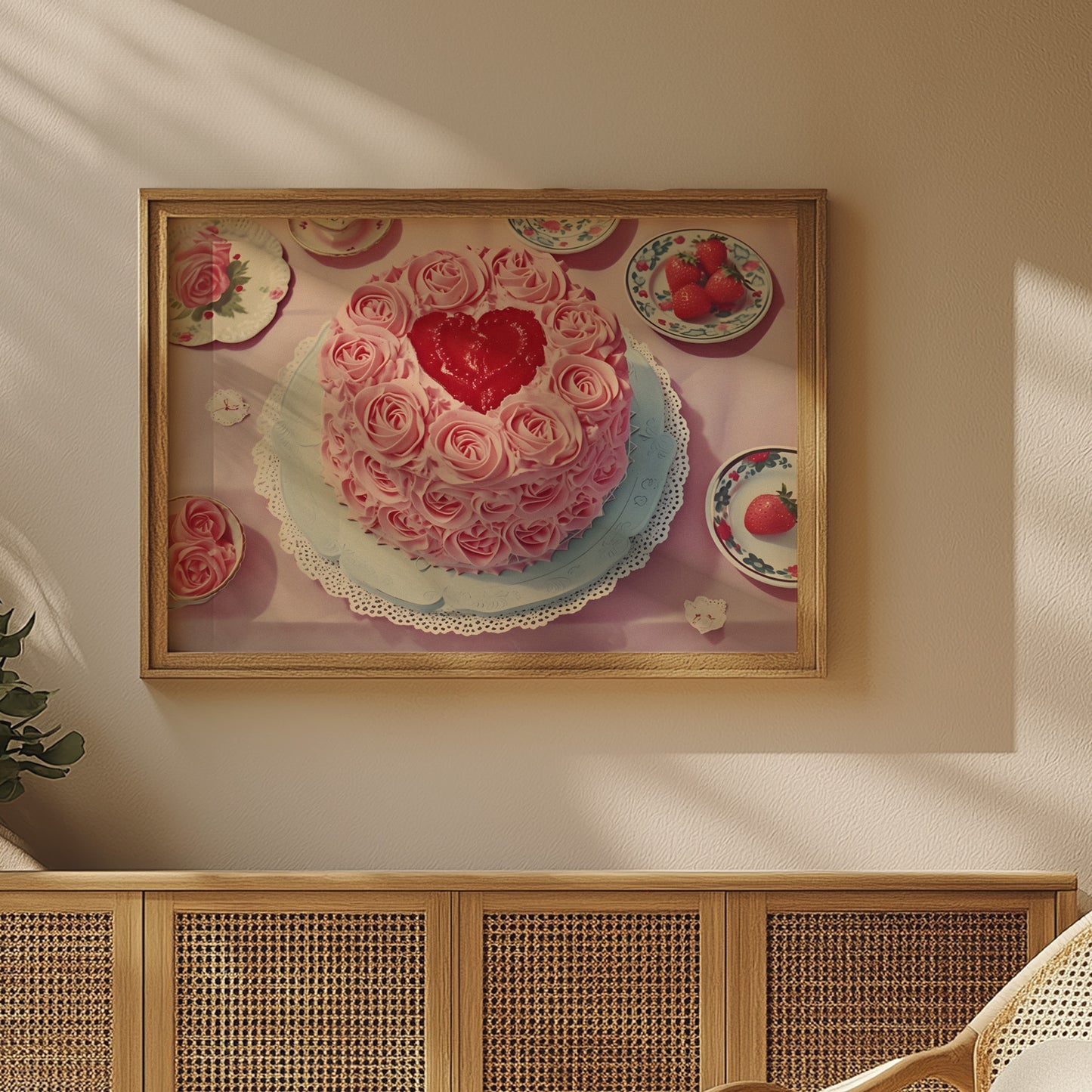 Vintage Heart Cake with Frosting and Berries Matte Horizontal Poster Art Print