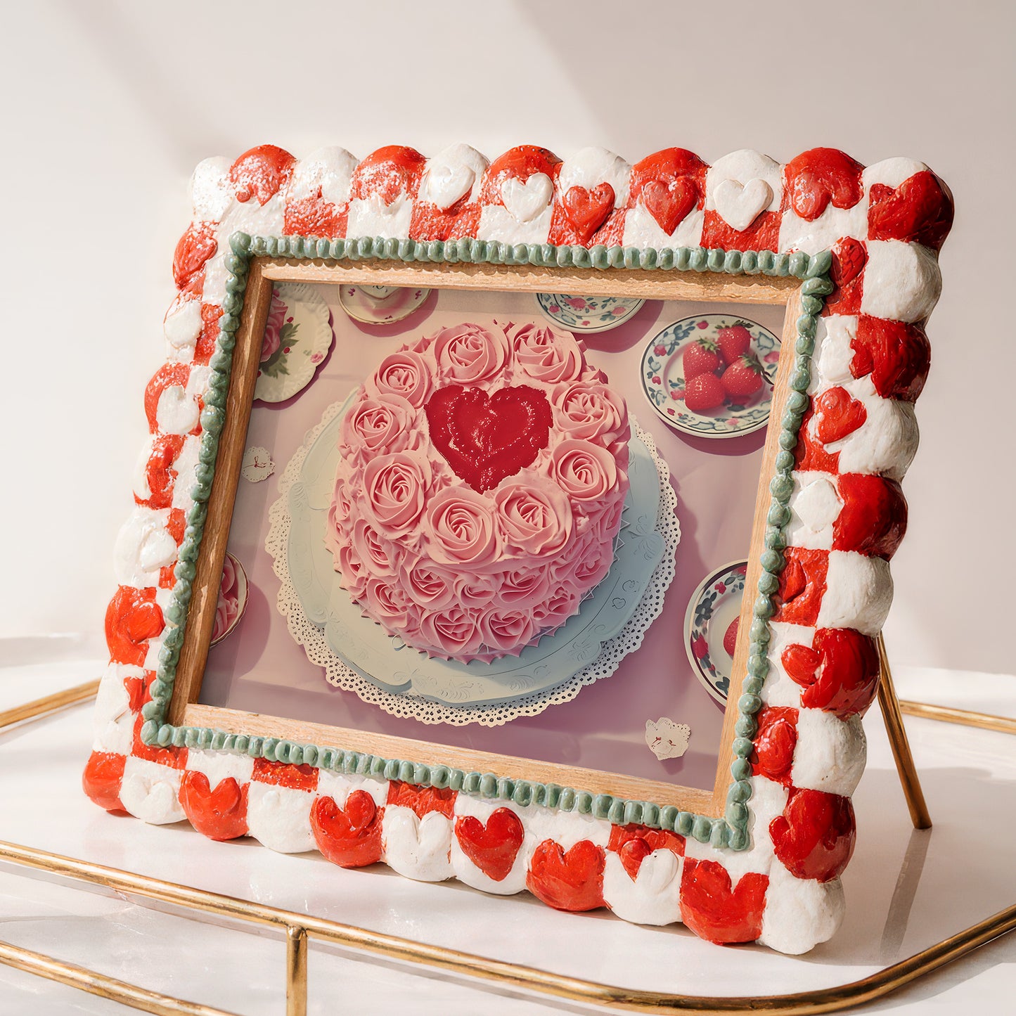 Vintage Heart Cake with Frosting and Berries Matte Horizontal Poster Art Print