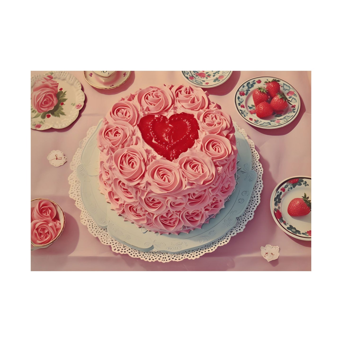 Vintage Heart Cake with Frosting and Berries Matte Horizontal Poster Art Print