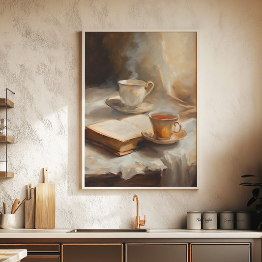 Tea Cups and Books on a Table Matte Vertical Poster Art Print