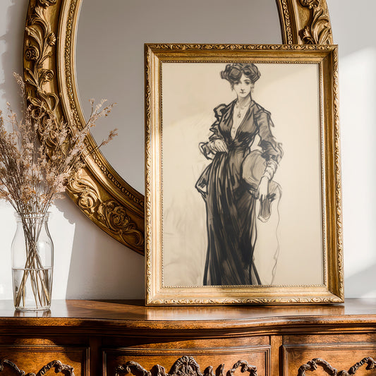 Vintage Black and Beige Fashion Sketch Style Matte Vertical Poster Art Print