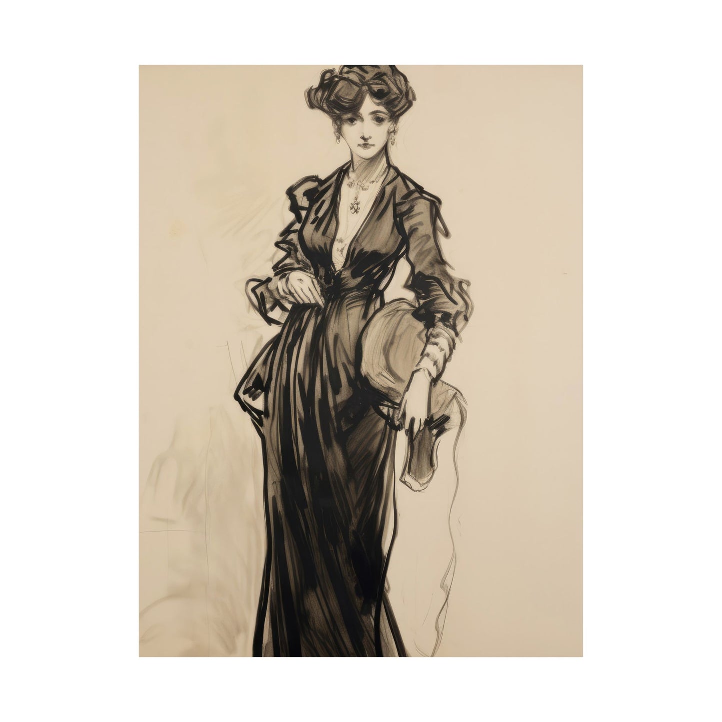 Vintage Black and Beige Fashion Sketch Style Matte Vertical Poster Art Print