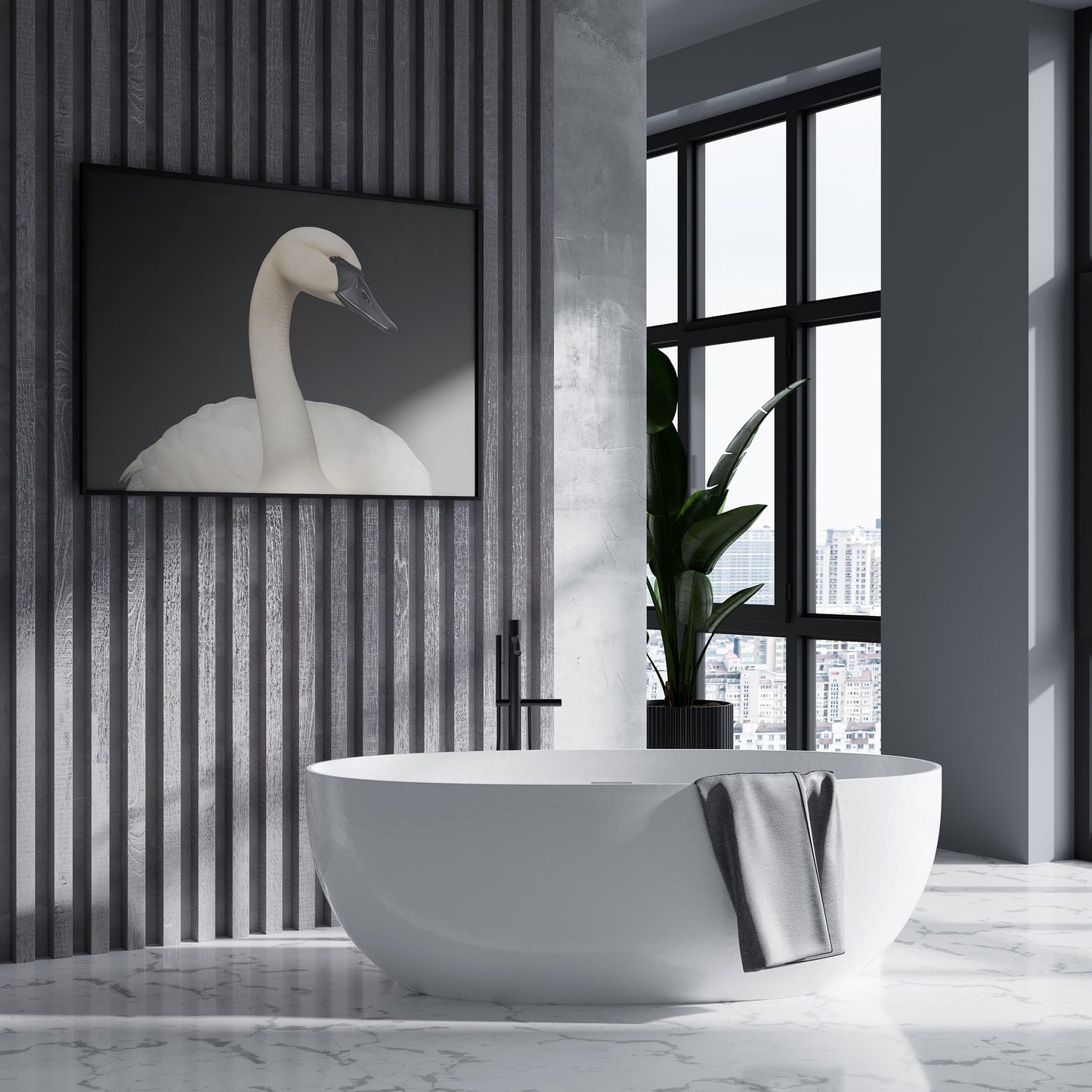 White Swan against Black Background Matte Horizontal Poster Art Print