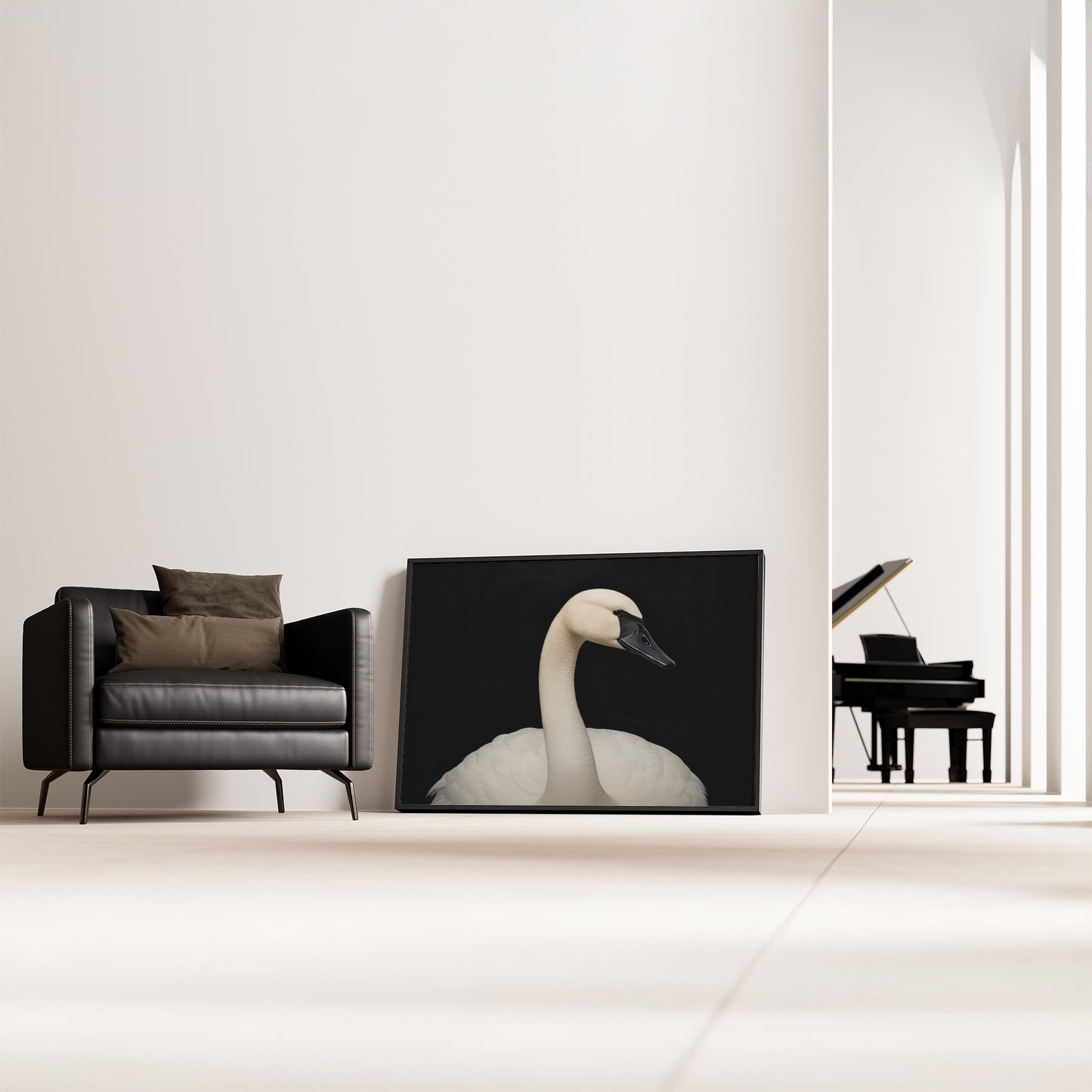 White Swan against Black Background Matte Horizontal Poster Art Print