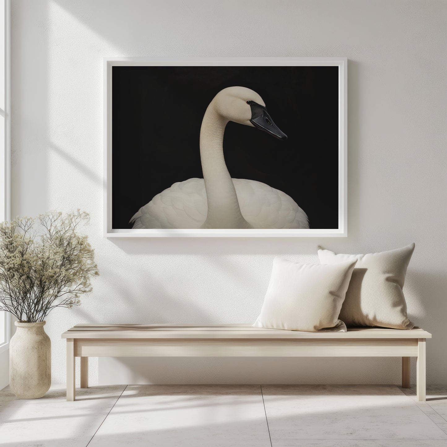 White Swan against Black Background Matte Horizontal Poster Art Print