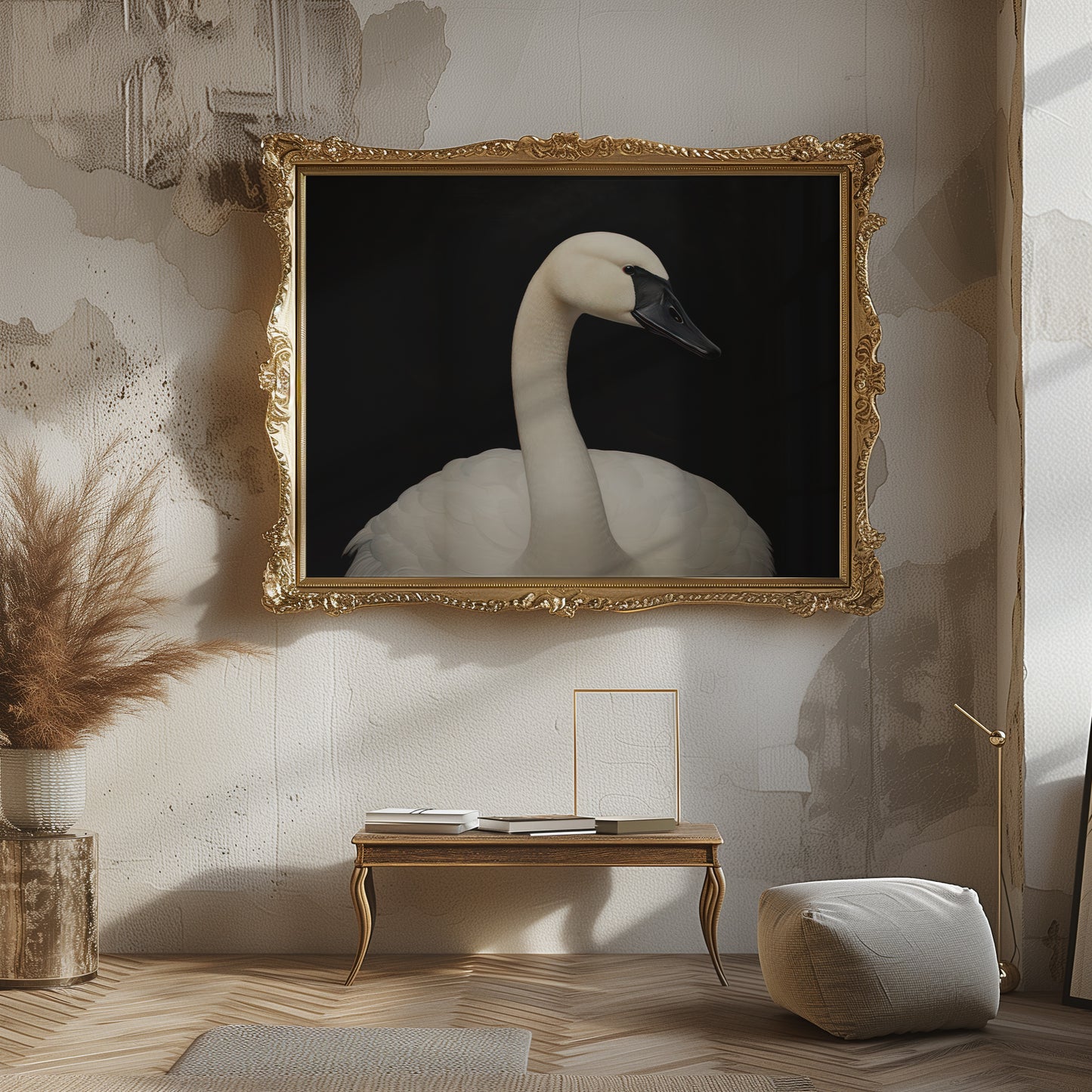 White Swan against Black Background Matte Horizontal Poster Art Print