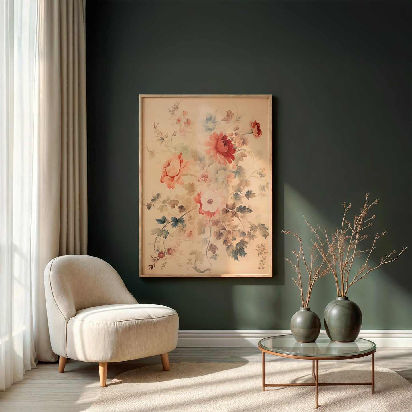 Vintage Peonies and Greenery Matte Vertical Poster Art Print