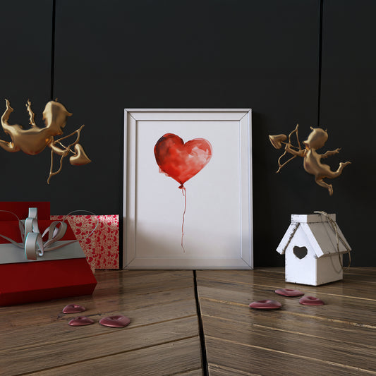 Red Watercolor Heart Balloon Minimalist Matte Vertical Poster Art Print