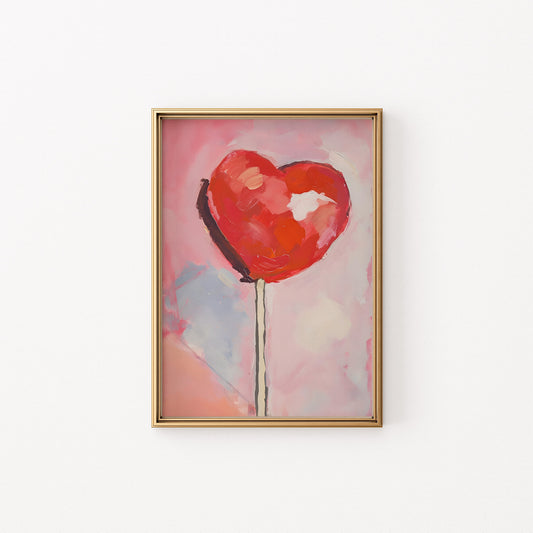 Watercolor Red Heart Lollipop Matte Vertical Poster Art Print