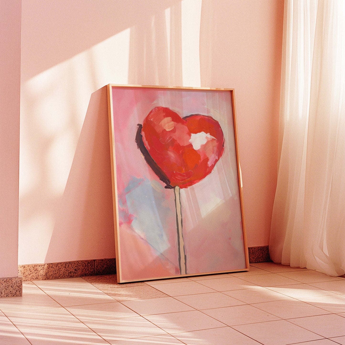 Watercolor Red Heart Lollipop Matte Vertical Poster Art Print